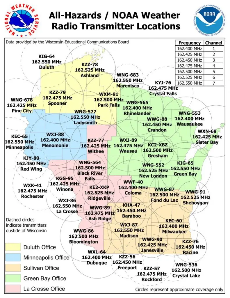 NOAA map of weather radio stations across Wisconsin - Detailed in table on page