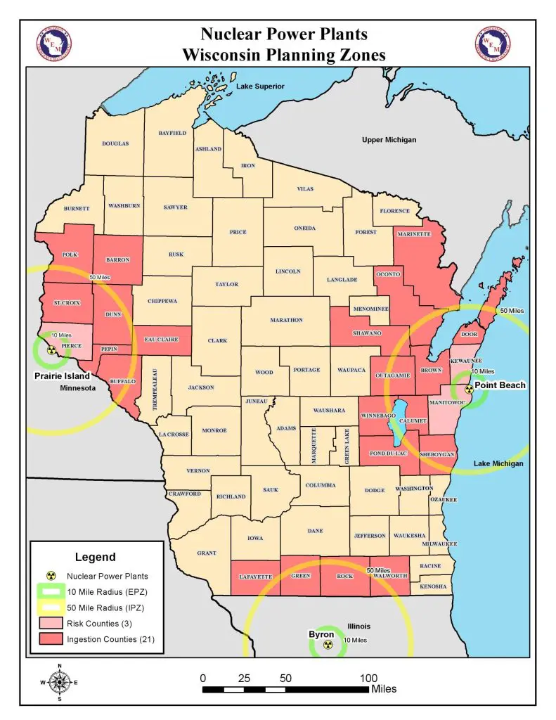 A map of Wisconsin with locations of the three nuclear power plants highlighted: Point Beach Nuclear Plant in Two Rivers, Prairie Island Nuclear Generating Plant in Welch, Minnesota and the Byron Nuclear Generating Station in Byron, Illinois.
