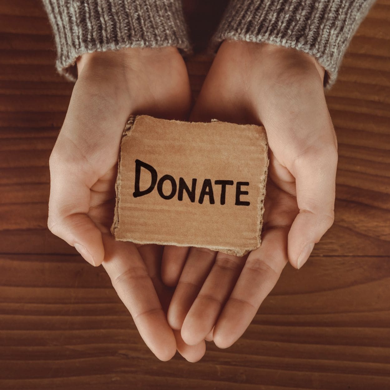 Hands holding sign that says DONATE