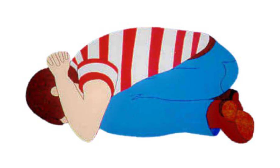 A cartoon drawing of a child on the ground covering their head and neck.