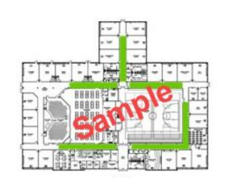 A school map with areas inside of the school highlighted for an escape route with the words SAMPLE over the top of it.